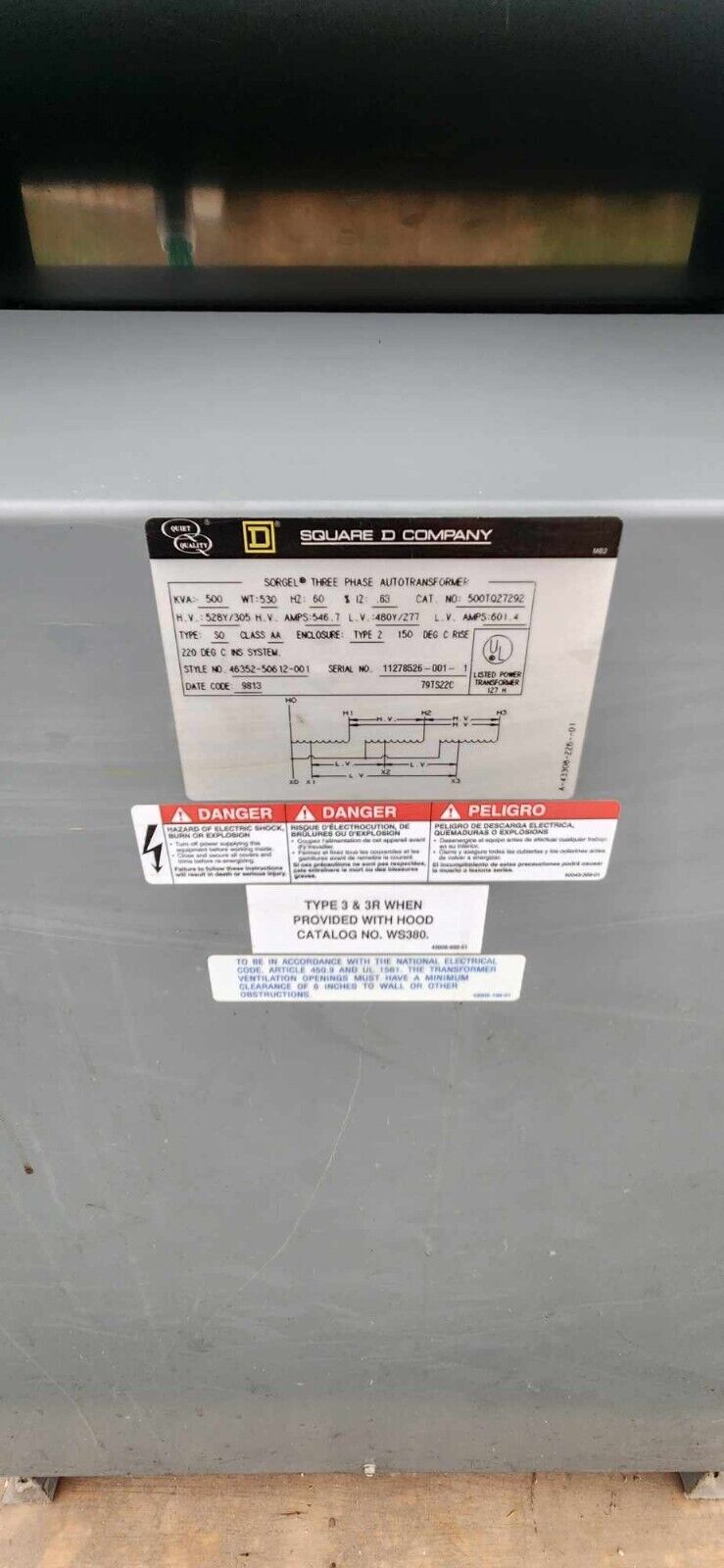 Square D Three Phase Transformer 500KVA H.V. 528Y/305 L.V. 480Y/277