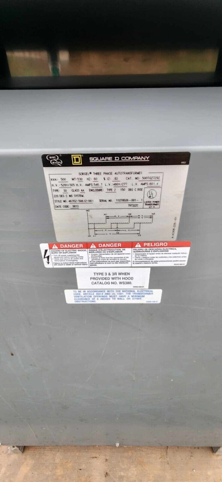 Square D Three Phase Transformer 500KVA H.V. 528Y/305 L.V. 480Y/277